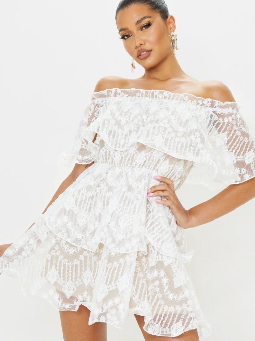 Pretty Little Thing White Lace Tiered Ruffle Bardot Mini Dress - Size 8